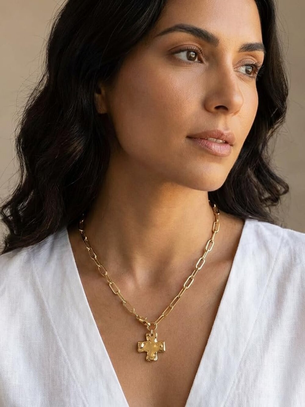 Chunky Cross Necklace for Women Hammered Pendant Paperclip Chain Statement Jewel - Picture 3 of 7